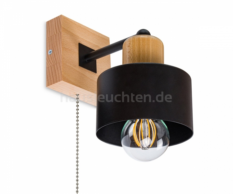 Schwarze Wandlampe mit Zugschalter aus Holz SHWAND-SC10x10BU Wandleuchte